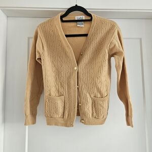 Vintage TABI Women's Tan Cable Knit Cardigan Sweater 100% Wool SMALL